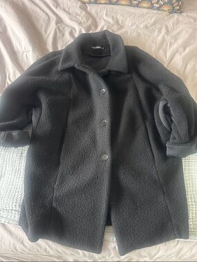 European Culture Black Wool-Blend Pea Coat with Button Front